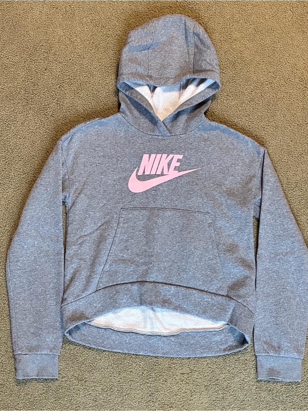 Girls Youth L Nike Gray Hoodie Pink Logo Sweatshirt Athletic Pullover Pocket